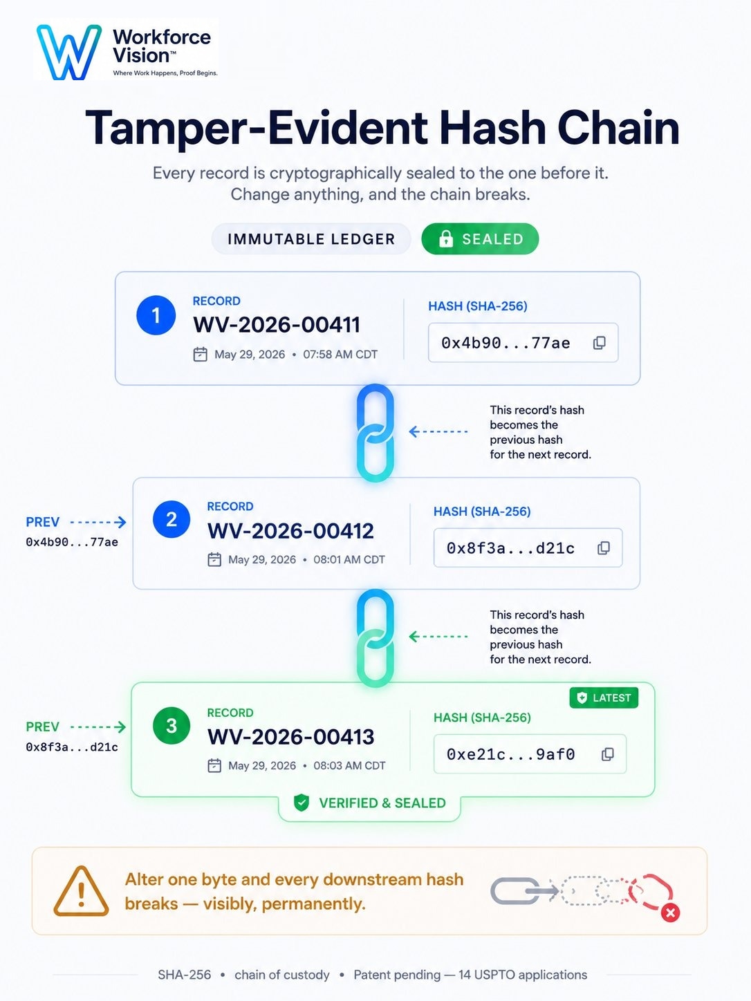 Workforce Vision™ tamper-evident hash chain — every record cryptographically sealed to the one before it
