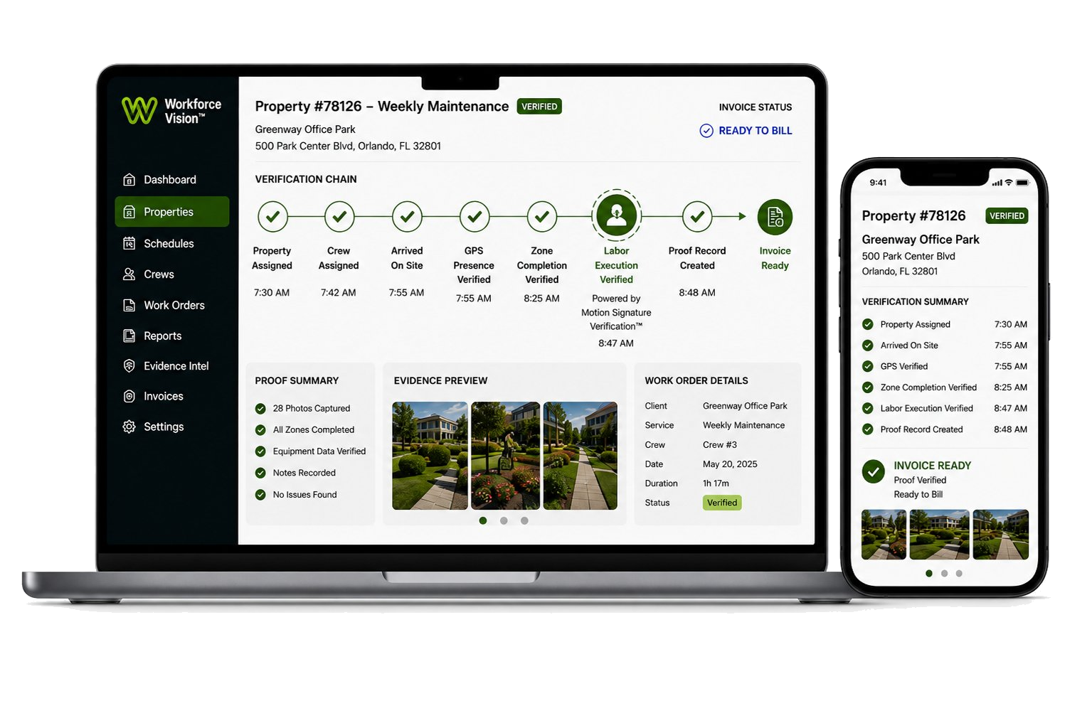 Landscaping crew verification software — command center and mobile proof for commercial property stops